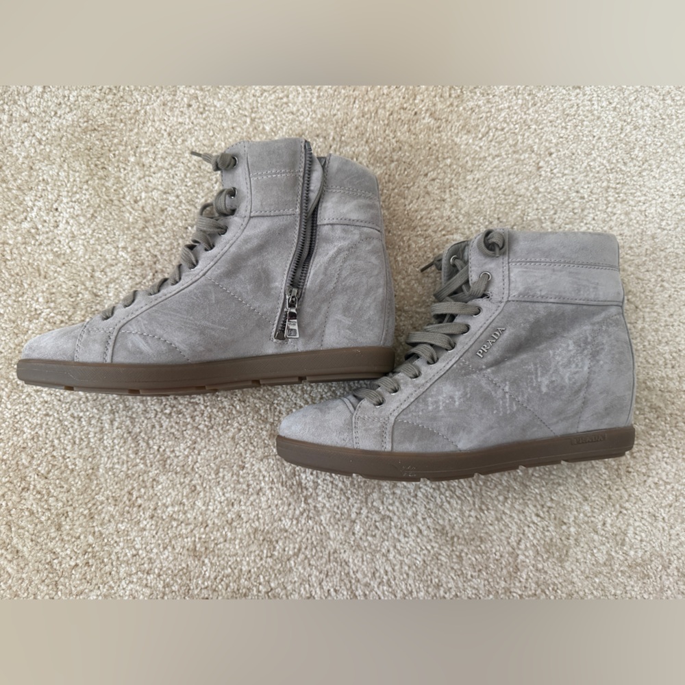 Prada Women's Gray Suede wedge High-Top Sneakers - Picture 5 of 8